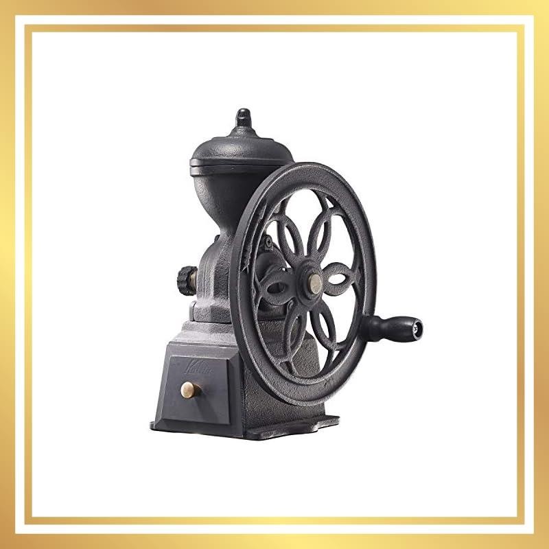 Kalita Kalita coffee mill, cast iron, hand-cranked, manual, diamond mill, black, no. 42138, antique coffee grinder, adjustable grind, with lid, for café or coffee shop.