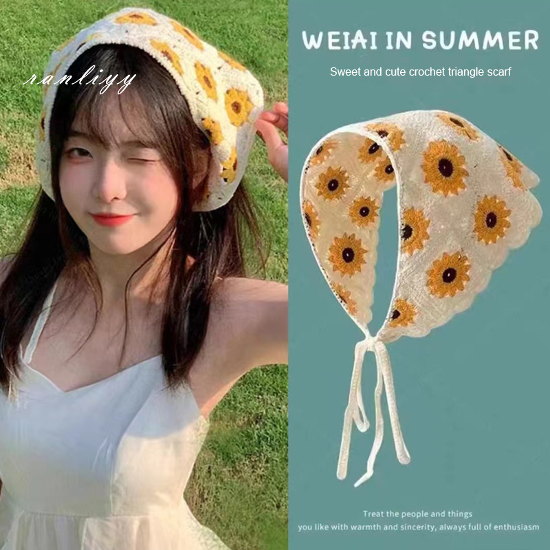 ส่งเร็ว🌼ผ้าโพกศีรษะผ้าพันคอทรงแบบถักสามเหลี่ยมลายดอกไม้สีชมพูY2Kสไตล์ฝรั่งเศสแฟชั่นเครื่องประดับผมสำหรับผู้หญิง-Ranliyy