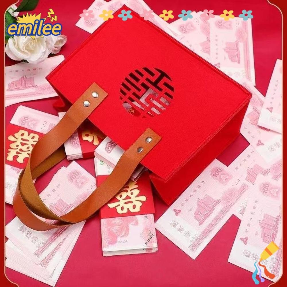 Emilee Felt Gift Bag, Felt Square Shape Candy Lucky Bag, PU Handle Year Gift Bag
