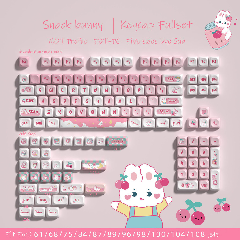 138 คีย์ขนมขบเคี้ยวกระต่าย Themed Keycaps Dye Sublimation PBT Keycaps MOT โปรไฟล์สําหรับ Cherry Gateron MX Switches คีย์บอร์ดเครื่องกล