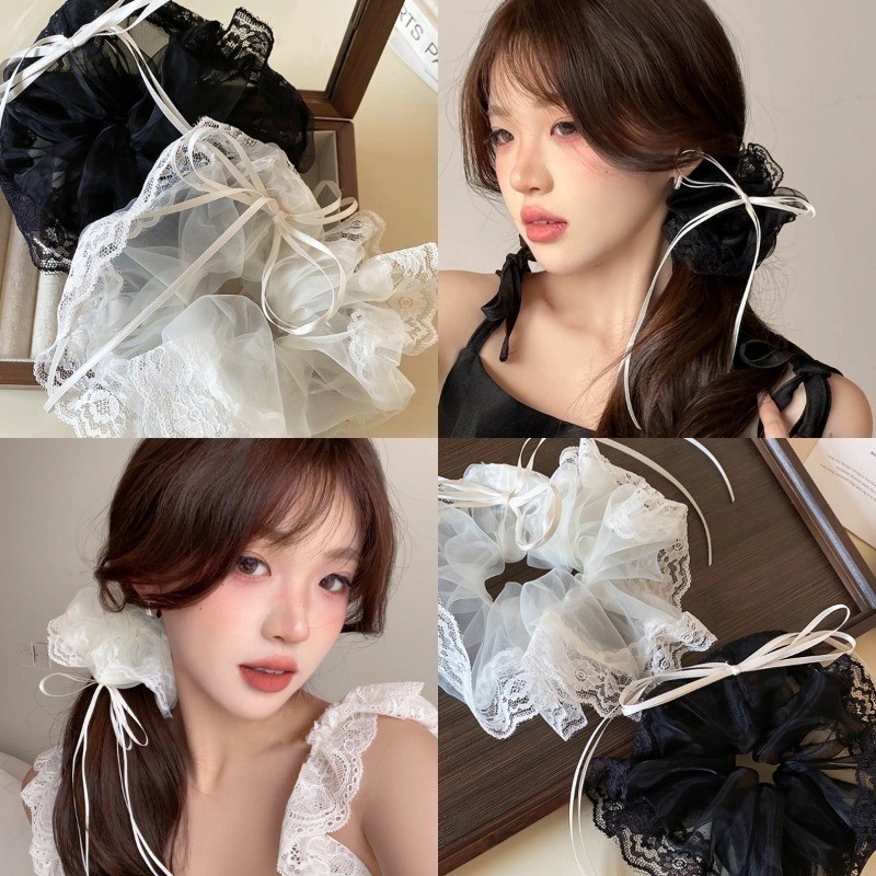 Simple ลายสก๊อตดอกไม้ยืดหยุ่นผมขนาดใหญ่ - Elegant Lace Bow Scrunchies - สาวผมหางม้ายางรัดผ้าโพกศีรษะ