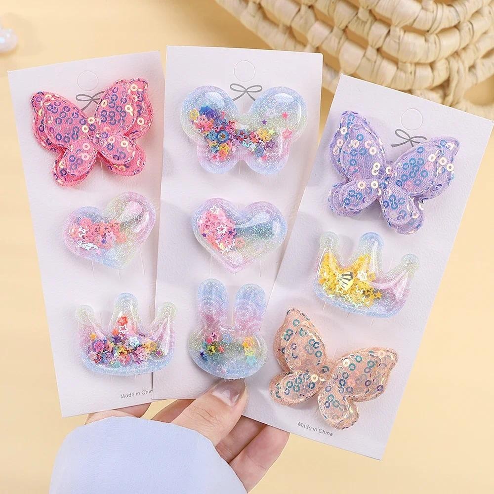 3pcs/set เด ็ กการ ์ ตูนกระต ่ ายมงกุฎผีเสื ้ อผมคลิปสาวน ่ ารักไหลเลื ่ อมอุปกรณ ์ เสริมผมขายส ่ ง