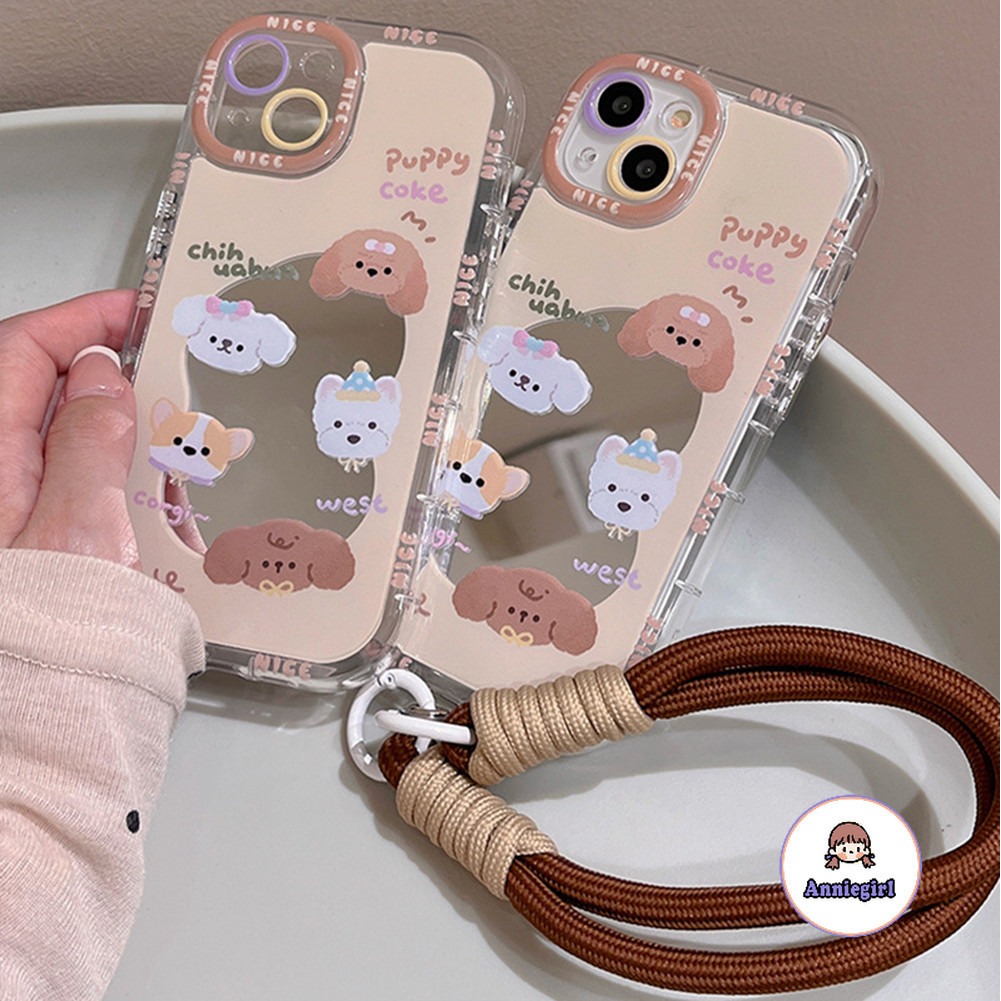 การ์ตูนลูกสุนัขกระจกไนลอน Lanyard เคสโทรศัพท์สําหรับ IPhone 11 15 14 Pro Max 12 13 Promax 14plus XS XR 7 8Plus เลนส์ป้องกันกันกระแทกโทรศัพท์นุ่มปกหลัง