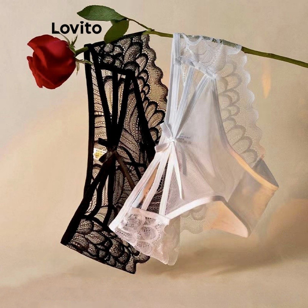 Lovito กางเกงในลูกไม้ ลำลอง สีพื้น สำหรับสตรี LNA23013 (สีขาว/สีดำ)