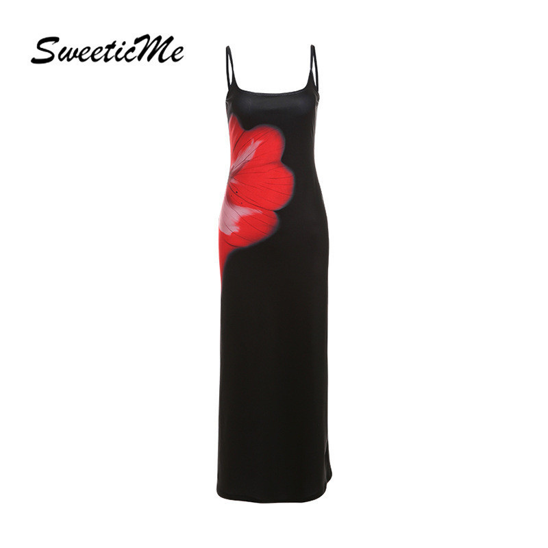 Sweeticme ชุดเดรสสตรี 2024 ใหม ่ แฟชั ่ นเซ ็ กซี ่ ดอกไม ้ พิมพ ์ Slim Fit ชุดเดรสยาว