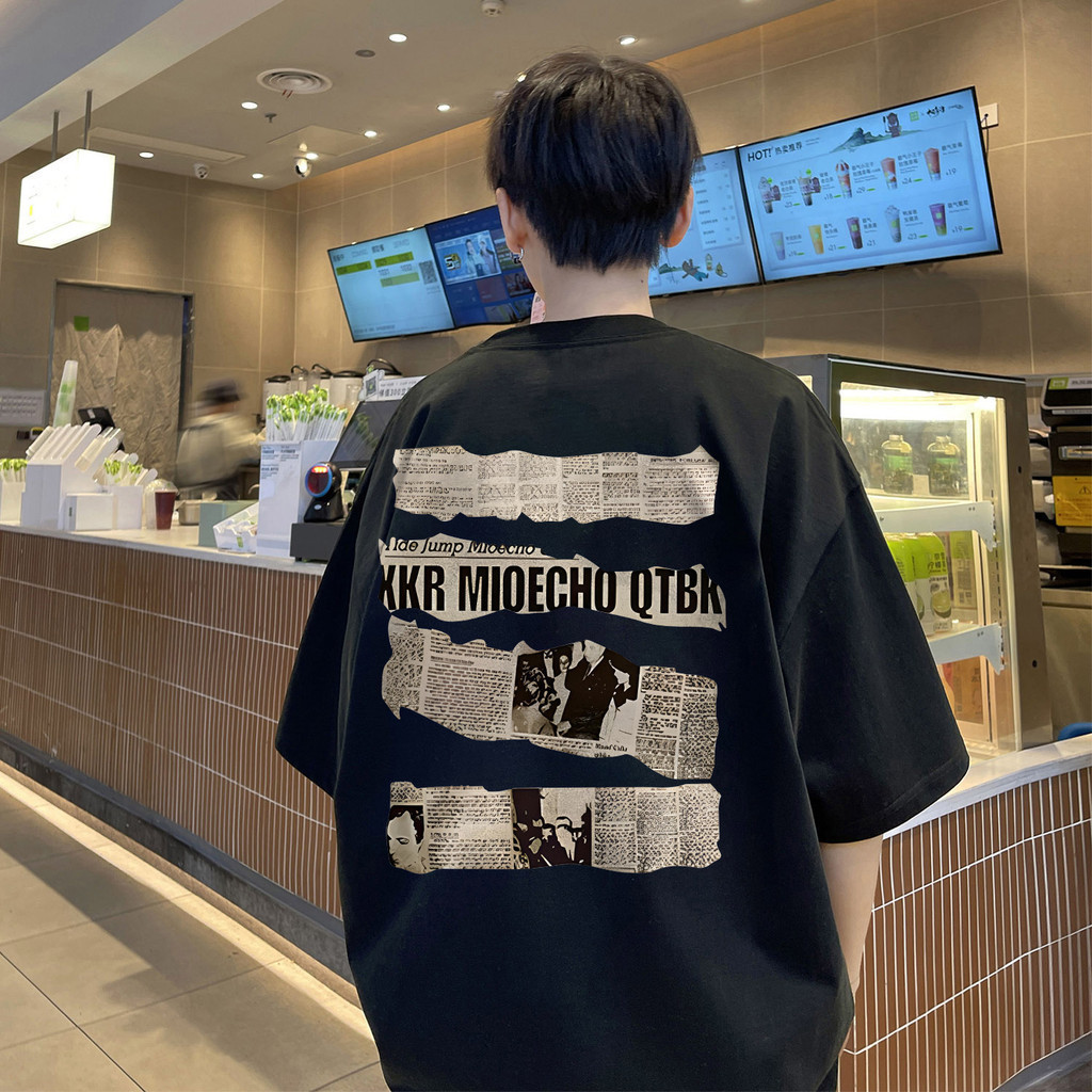 （จัดส่งตลอด 24 ชั่วโมง）Woo Right เสื้อยืด cotton, หนังสือพิมพ์แฟชั่นวินเทจพิมพ์เสื้อยืดแขนสั้นสำหรับผู้ชาย HY