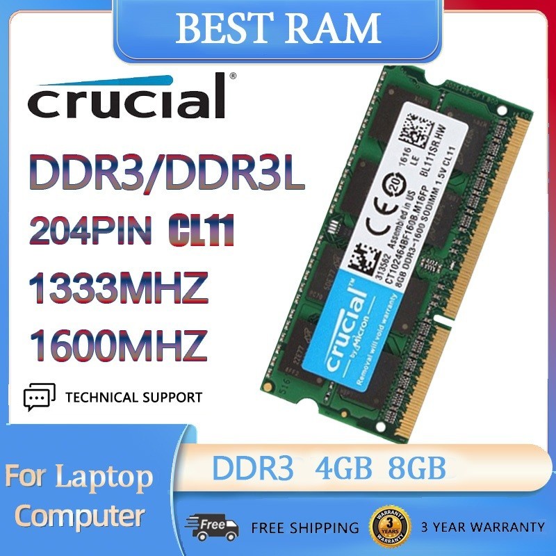 Crucial 4GB 8GB DDR3 1600Mhz DDR3L 1333MHZ 2RX8 PC3 PC3L 12800S SODIMM 204Pin Laptop Memory RAM 1.5V