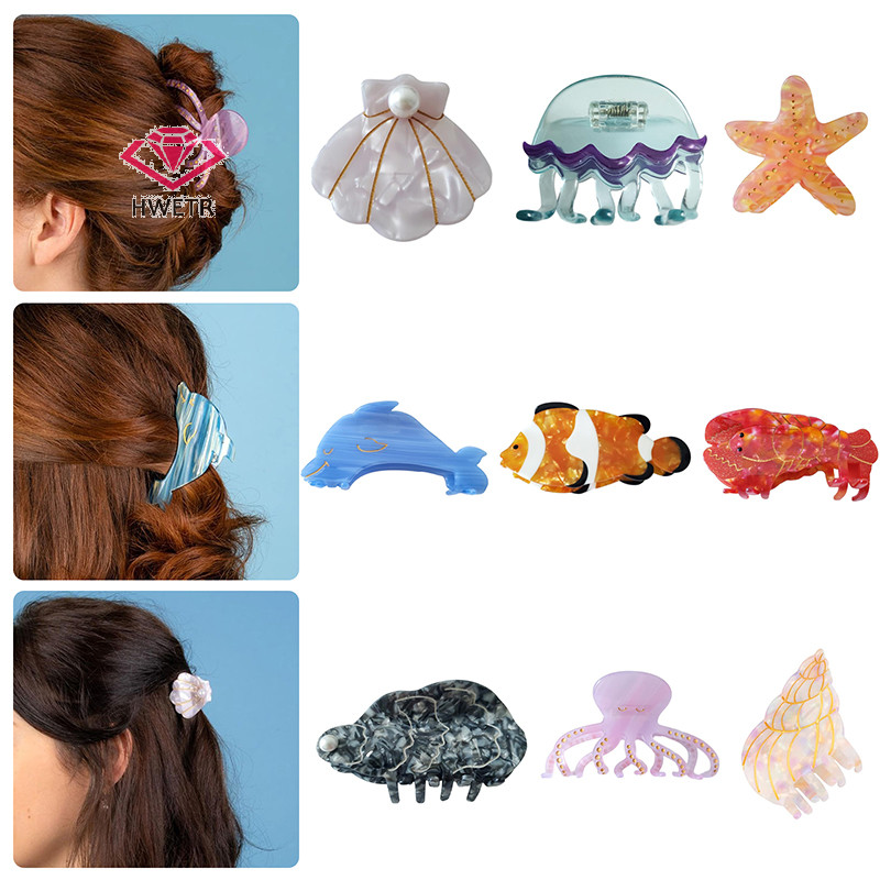 Hwetr ปลาดาวคลิปผม Octopus Hairclaw น่ารัก Hairpin สําหรับผู้หญิงสาวเด็กแมงกะพรุน Shell เครื่องประดับผมน่ารักการ์ตูน Claw ฤดูร้อนของขวัญใหม่