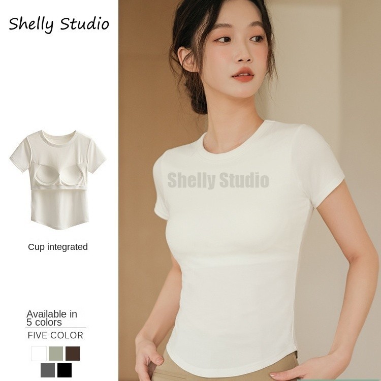 ผู้หญิง Bra Top เสื้อยืดคอกลมแขนสั้นพร้อมแผ่นรองเต้านม, Basic Solid Color Casual Top