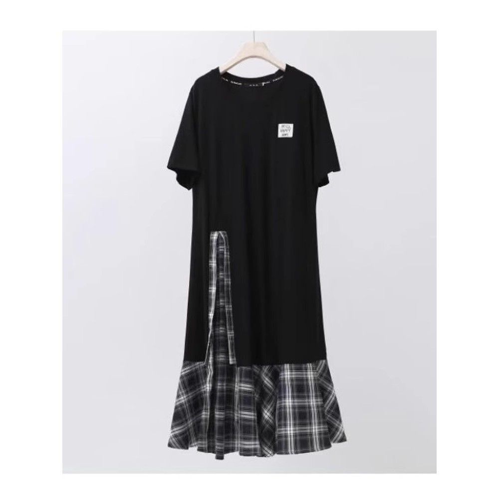 【 เดรสโอเวอร ์ ไซส ์ 】 ชุดเดรสมิดิแขนสั ้ นประกบลายสก ๊ อตสองชิ ้ นปลอมไม ่ สม ่ ําเสมอขนาดบวก - รูปที่ 3