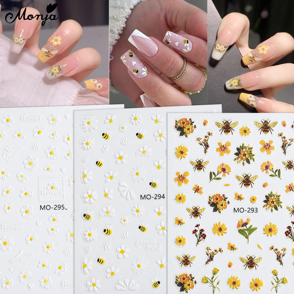Monja 3D นูนสติกเกอร์เล็บดอกไม้สีเหลือง Bee Decals บรรเทา กาวเล็บ ตกแต่งเล็บดอกไม้เล็บสติกเกอร์