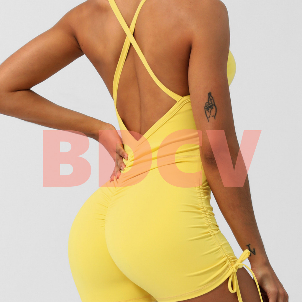 Bdcv Drawstring โยคะชุดกีฬาผู ้ หญิง Build-In Bra ความงามกลับบอดี ้ สูท One Piece Cross กลับผู ้ หญิงสวมใส ่ ชุด