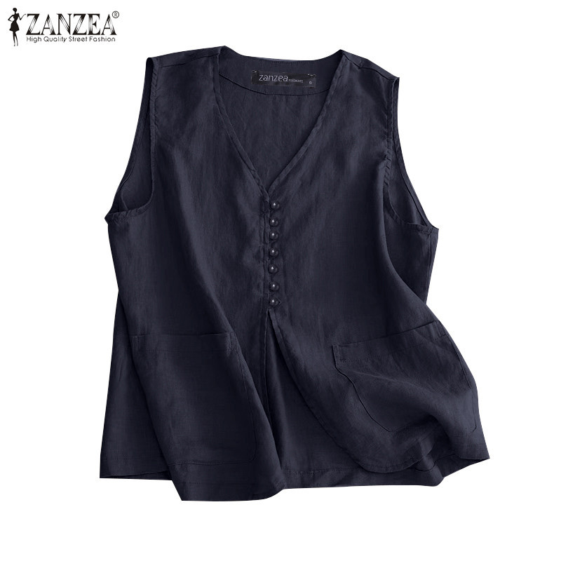 Zanzea ผู ้ หญิงเกาหลีลําลองกระเป ๋ าหัวเข ็ มขัดคอวีสีทึบถังแขนกุด