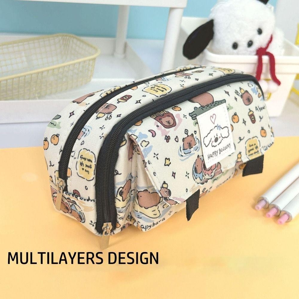 กระเป๋าปากกา ROSE, Flip Over Capybara การ์ตูนพิมพ์ดินสอ,แบบพกพา Multi-functional ความจุขนาดใหญ่กระเป๋าเก็บเครื่องเขียนสําหรับของขวัญนักเรียน