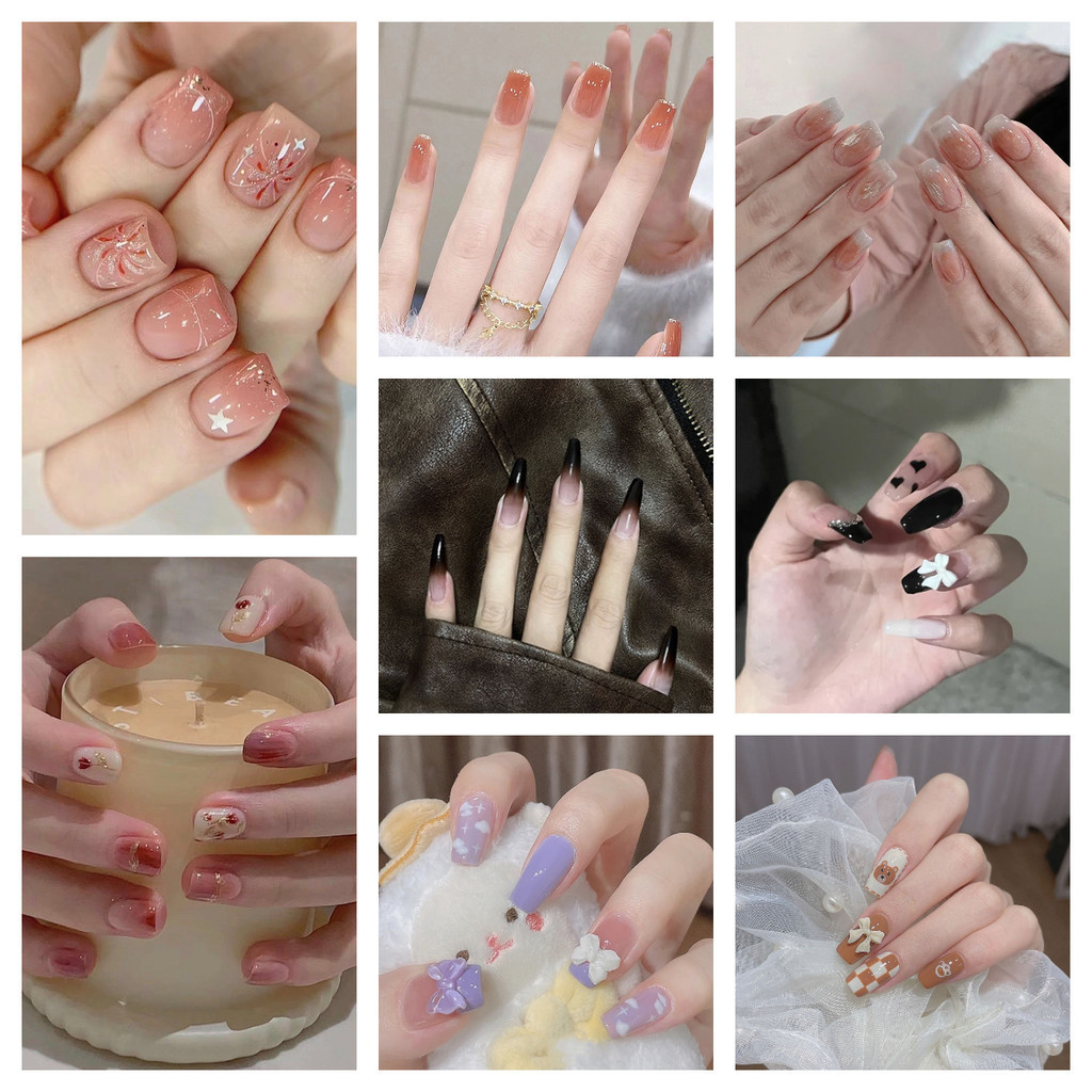 【 ฟรี 24 กาวสติกเกอร ์ 】 24 ชิ ้ นแฟชั ่ นเล ็ บปลอมเล ็ บสําเร ็ จรูปแพทช ์ เล ็ บสวมใส ่ เล ็ บ