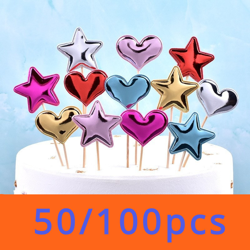 50/100 ชิ้นเค้กวันเกิดเบเกอรี่ตกแต่งปาร์ตี้พีชหัวใจธงห้าชี้ดาวมงกุฎ PU plugin