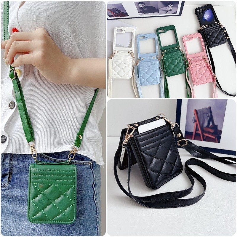 กระเป๋าสะพายข้าง แบบฝาพับหนัง Samsung Galaxy Z Flip 6 Z Flip 5 Flip 4 Flip 3 Casing Diamond Pattern Hard เคสกันกระแทก Shell