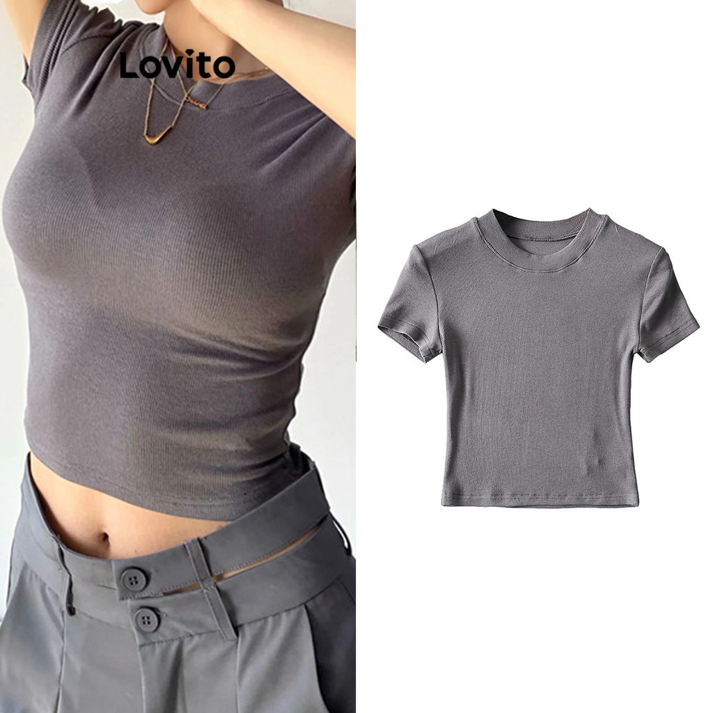Lovito เสื้อยืดกีฬาผู้หญิง เบสิก สีพื้น สไตล์สปอร์ต LNL52034