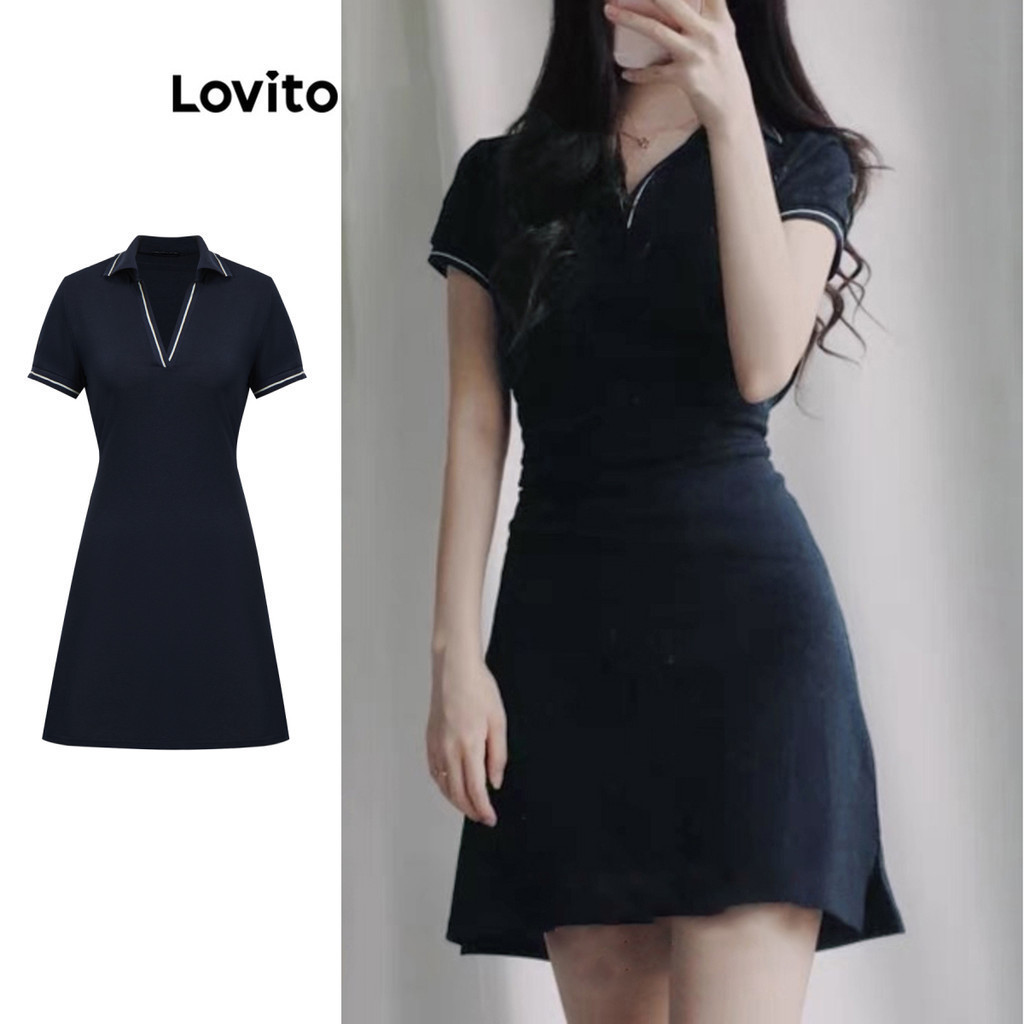 Lovito ชุดเดรสผู้หญิง คอปก สีพื้น แต่งขอบสี สไตล์หรูหรา L77ED300