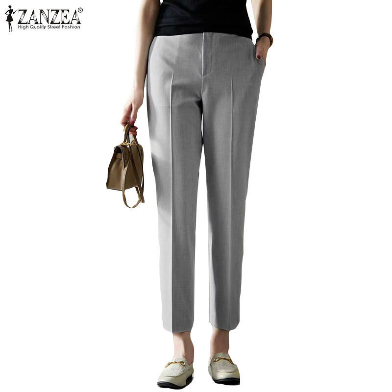 ZANZEA ใส่ ซานเซีย ผู้หญิงเกาหลีหรูหราสบายๆสีทึบกระเป๋าด้านข้างกลับกางเกงเอวยางยืด