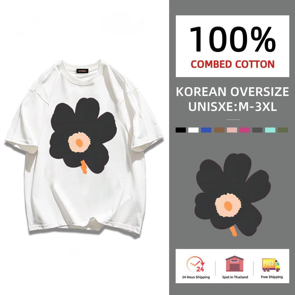 COD (กรุงเทพจัดส่งสินค้า)BOOM Shop เสื้อยืดt shirt Black Flower 100% Cotton S-3XL
