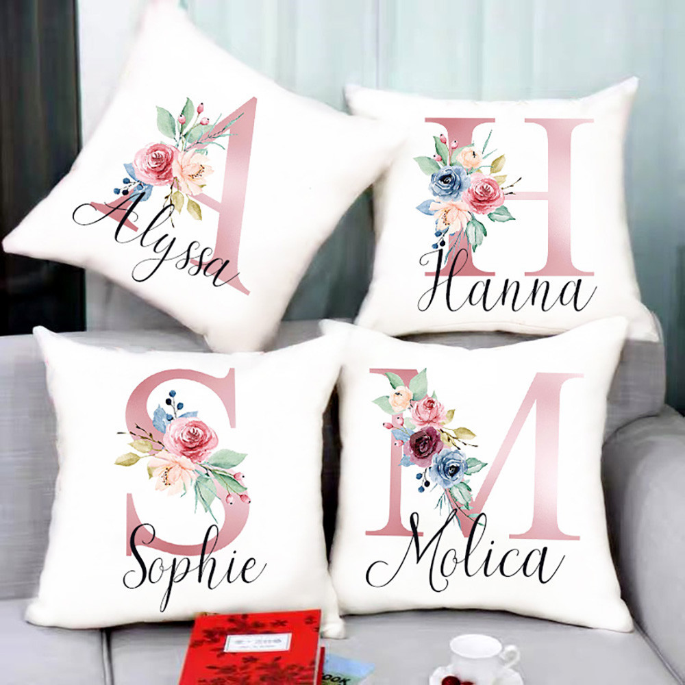 Personalised หมอนกรณีที่กําหนดเองเริ่มต้นดอกไม้ชื่อเบาะรองนั่ง Decortion ปลอกหมอนของขวัญวันเกิดงานแต่งงาน