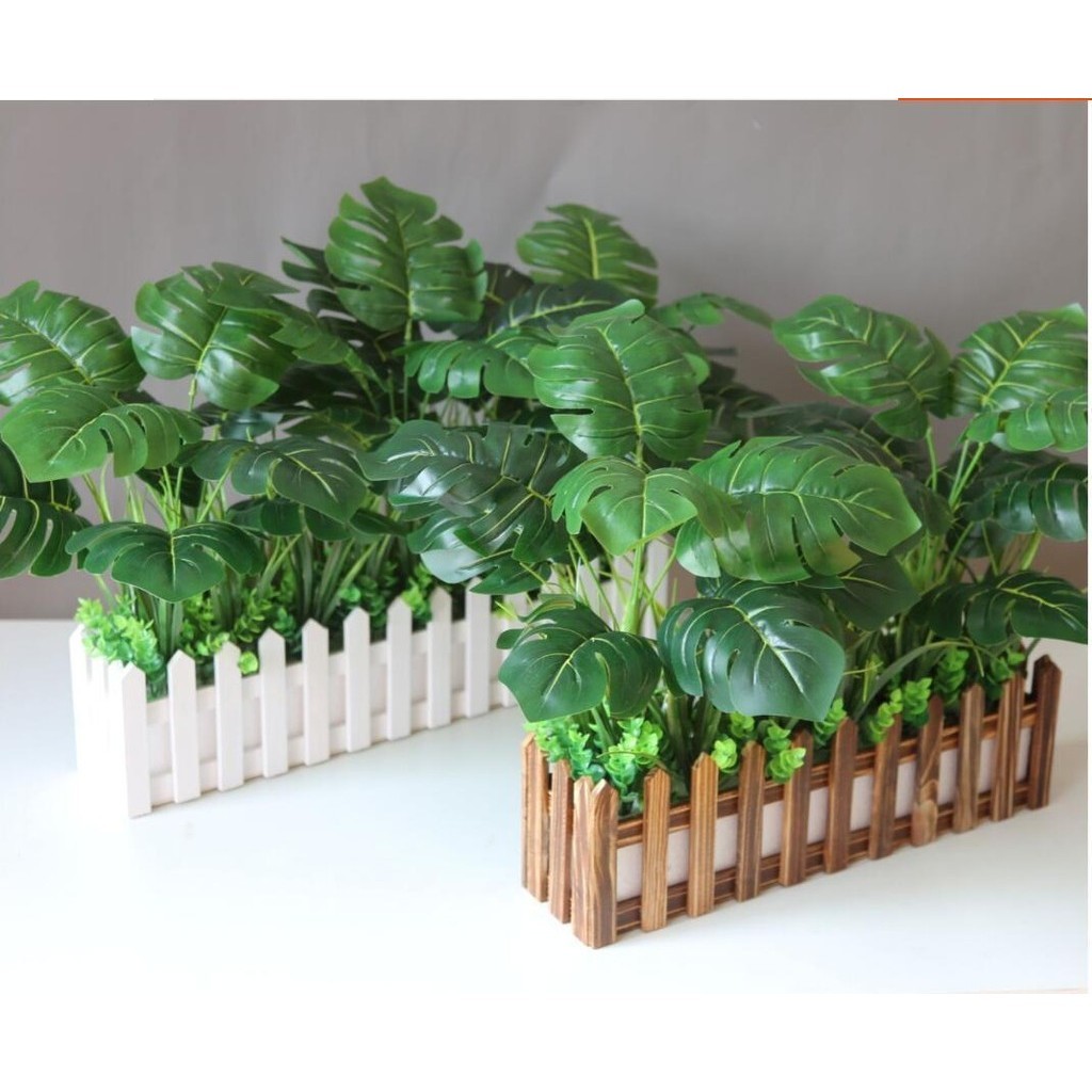 พืช Monstera ประดิษฐ์-พืชปลอมใน Picket รั้วหม้อสําหรับในร่มกลางแจ้ง Office House ห้องนั่งเล่นตกแต่งบ้าน