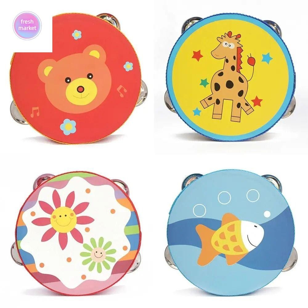 Freshmarket Tambourine, Musical Beat Music ของเล่นเด็กมือกลอง, เพลงตรัสรู้ 6 นิ้วมือถือรูปแบบการ์ตูนเด็ก Bell Drum Percussion Instrument