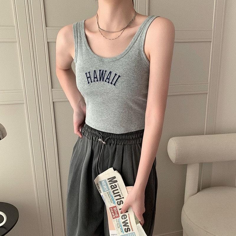 เสื้อกล้าม เสื้อสายเดี่ยว ทรงสปอร์ต ใส่ชิวๆ ผ้าปักลายอักษรอังกฤษ