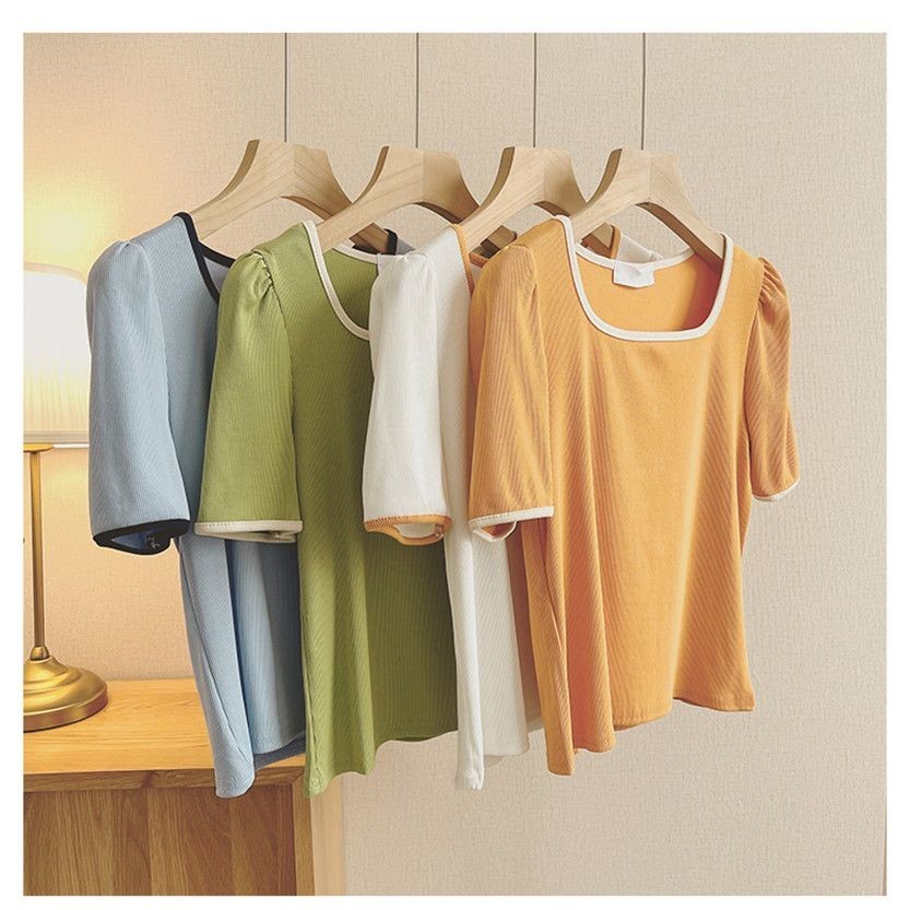 Girl Top(40-150kg) Plus Size Korean Short Sleeve Tops Square Neck T Shirt Plain Oversize Tshirt