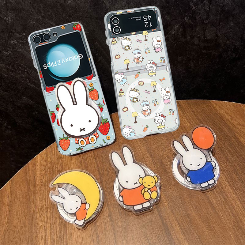 Samsung Z Flip 6/5/4/3 การ์ตูนน่ารัก Sanrio Hello Kitty Miffy Hard Magnetic Clear Case Magnect ที่วางโทรศัพท์สําหรับ Samsung Z Flip 3/4/5/6 กันกระแทกพร้อมขนมปังสายคล้องโทรศัพท์