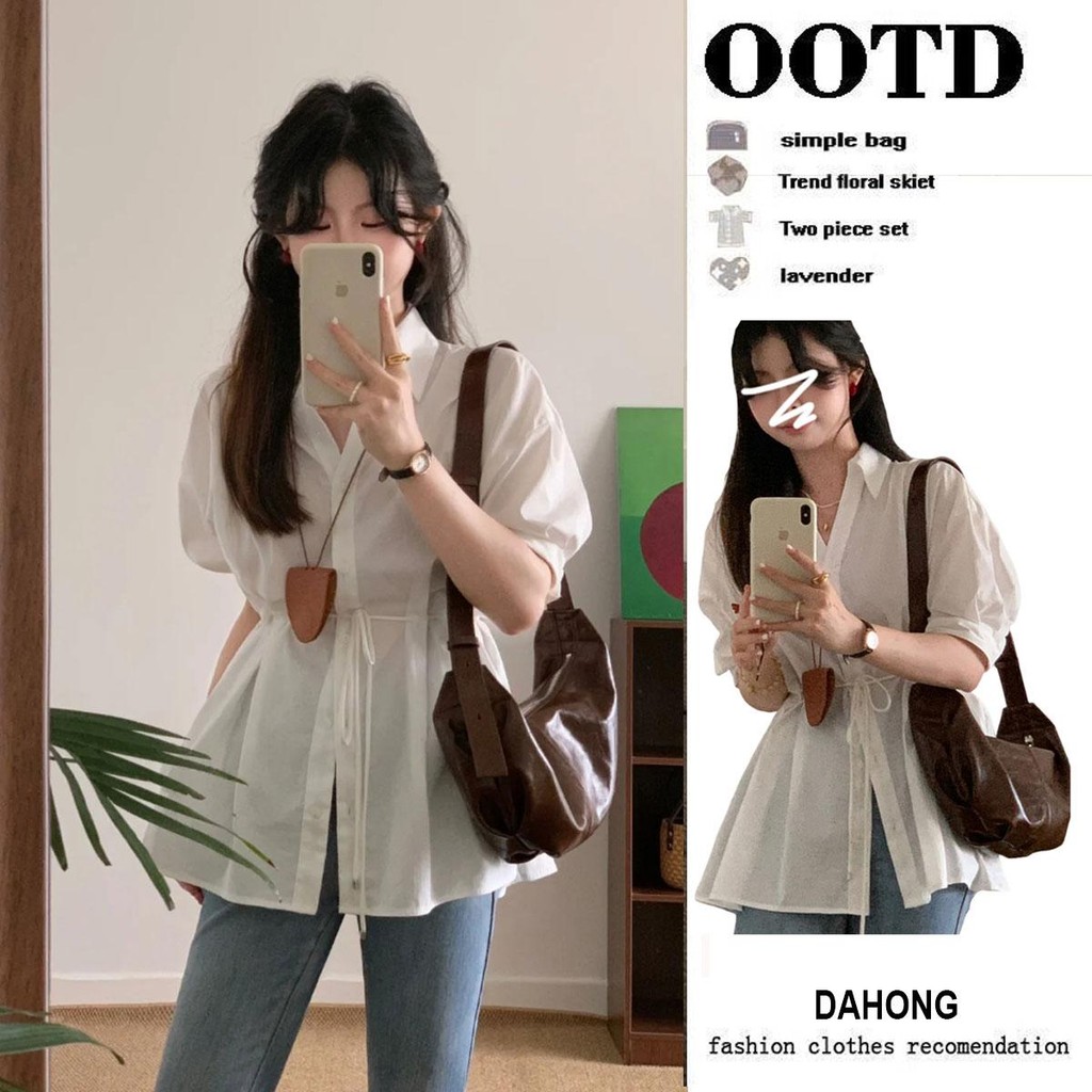 Dahong  เสื้อเชิ้ตแขนสั้น แขนพอง สีขาว สไตล์หวาน W473