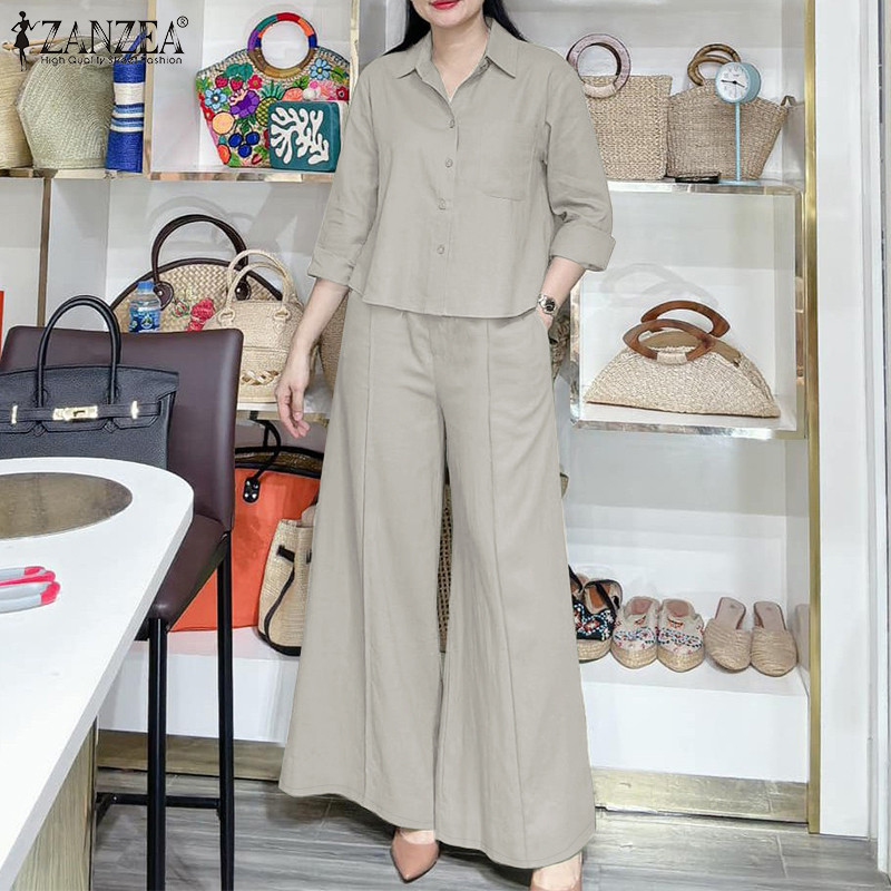 Zanzea ผู้หญิงเกาหลี Office Leisure Lapel 3/4 แขนปุ่มลงเอวสูงขากว้างชุดแข็ง — صورة 4