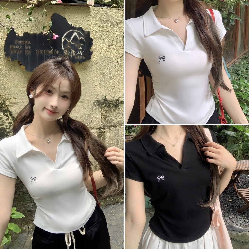 cherryshop พร้อมส่ง เสื้อยืดแขนสั้นปักโบว์แฟชั่นสตรี สไตล์สลิมฟิต การออกแบบไหล่ตรง หวานและน่ารัก แมทช์ได้หลายสไตล์