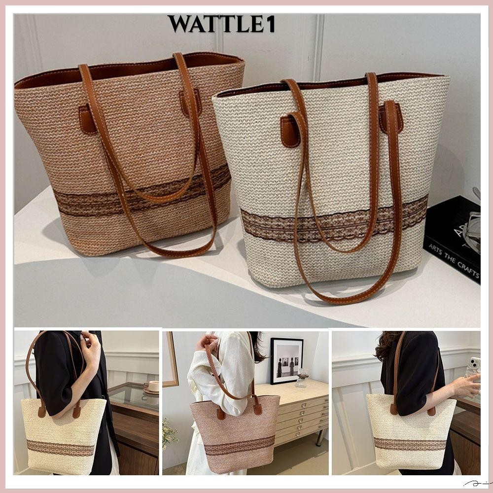 Wttle Women Straw Tote Bag, Beach Boho Style Casual Bag Shoulder Tote Bag Seaside Beach Bags, ของขวัญความจุขนาดใหญ่ Spliced ​​กระเป๋าทรงถัง กระเป๋าช้อปปิ้งสําหรับเดินทาง