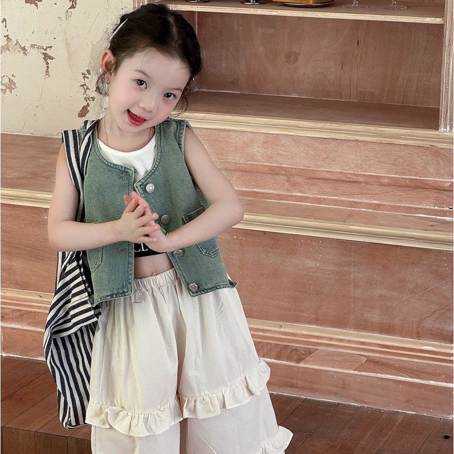 PRETTY BABY เสื้อกั๊กเด็กผู้หญิง เสื้อกั๊กผ้ายีนส์ แนววินเทจย้อนยุค(1493)