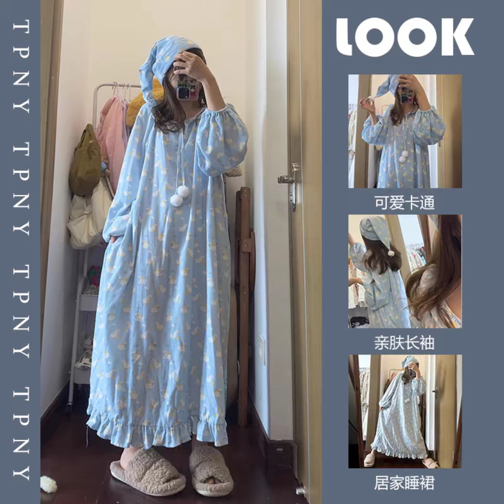 [JLYQ] เวอร์ชั่นเกาหลี ins น่ารักห่านสีขาวขนาดใหญ่รูปแบบการ์ตูน Nightdress หญิง, สไตล์ใหม่ Influencer หลวม Lazy Homewear ชุดนอน