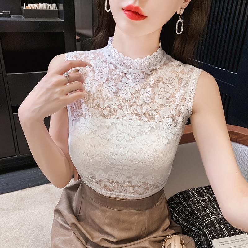 ลูกไม้ คอปกปลอม ลูกไม้หลากหลาย สวมใส่สบาย ระบายอากาศได้ สูงยืดหยุ่น สไตล์ไม่มีแขน เสื้อเบสคอกลม MQ9R