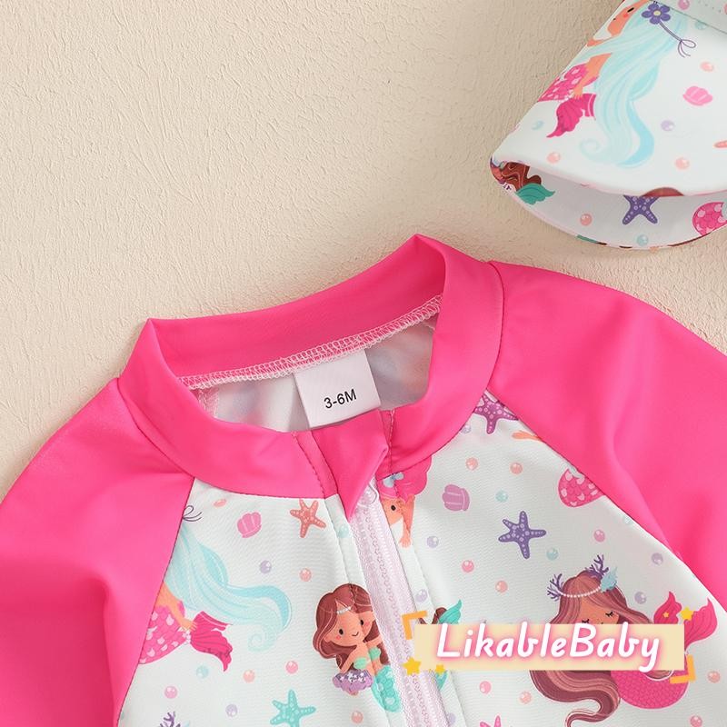 ชุดเด็กผู้หญิงเชลล์ซิปขึ้นแขนยาวคอลูกเรือผื่นยามชุดว่ายน้ําชุดพร้อมหมวก - รูปที่ 5