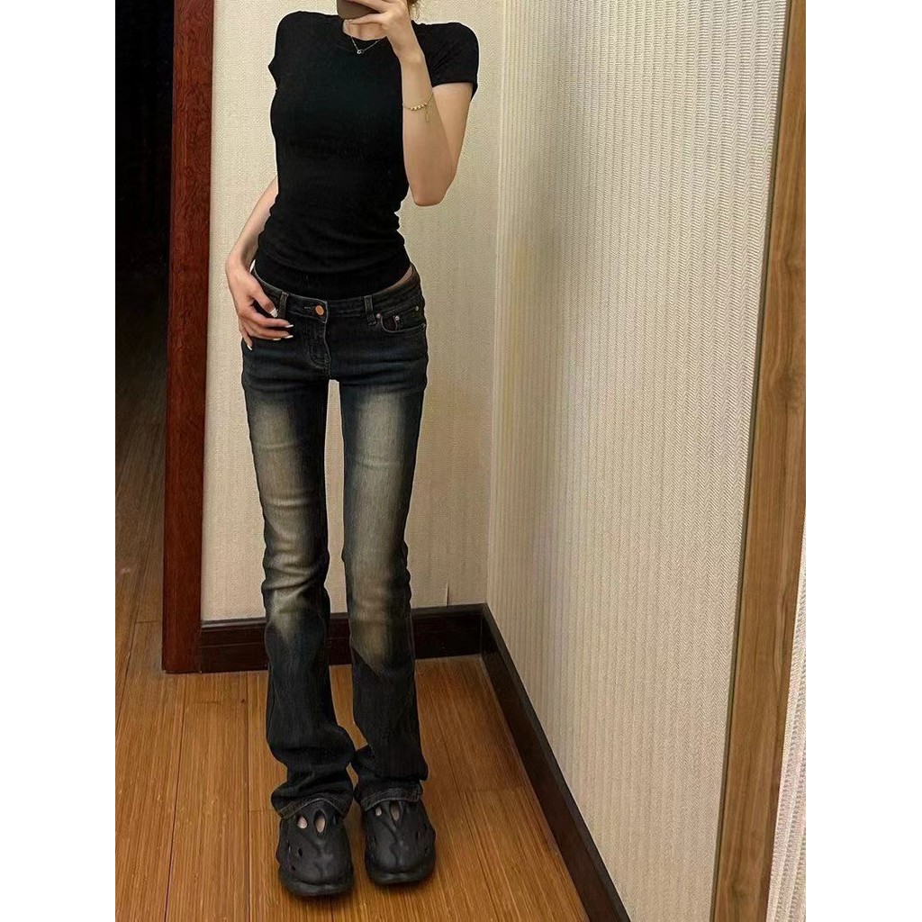 Straight American Style Elastic Low Waist Retro Slimming Flared Jeans Micro Flare Hot Girl Slim Fit 