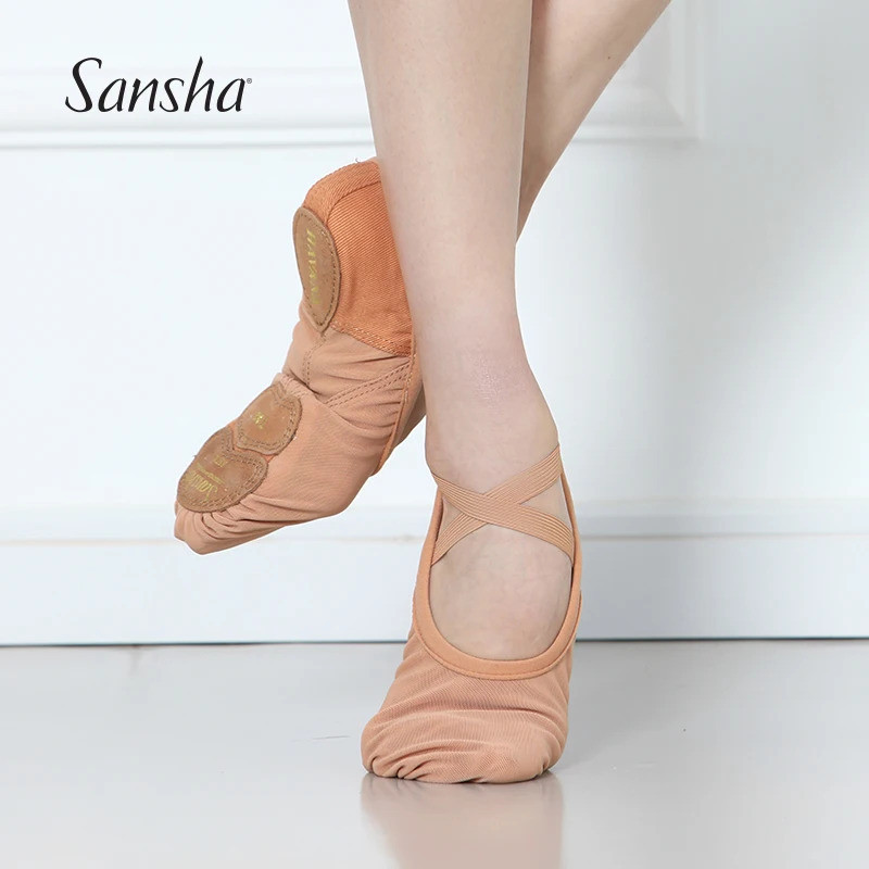 Sansha บัลเล่ต์ 4 ทิศทางตาข่ายยืด 3 แยก-พื้นรองเท้าออกแบบรองเท้าแตะ สีชมพู/ดํา NO.357M/NO.357X
