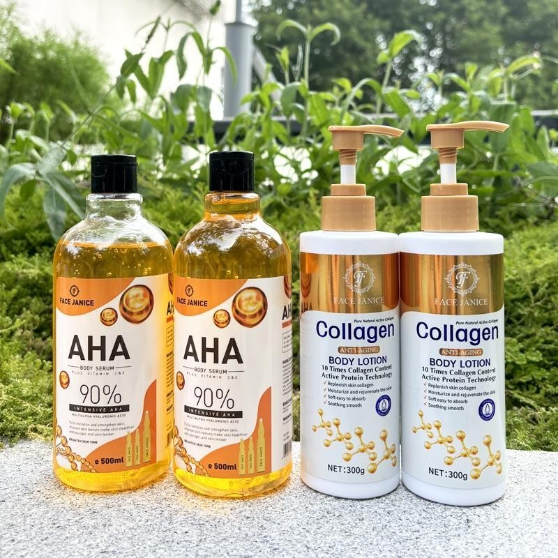 【2 แถม 2】AHA Body serum 90% Vitamin C สาระสำคัญ500ml + FACE JANICE โลชั่นคอลลาเจนทองคำ โลชั่นผิวขาว 300ml
