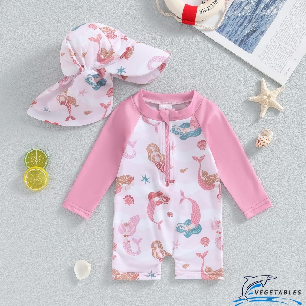 Zhy-ชุดว่ายน้ําเด็กผู้หญิงชุด Sea Shell พิมพ์แขนยาว Rash Guard ชุดว่ายน้ําหมวกปีกกว้างหมวกกันแดดทารกเด็กวัยหัดเดิน Beachwear