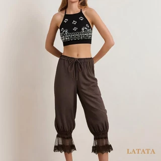 (จัดส่งในกรุงเทพฯ)Latata-Womens Cropped Pants Loose Mid Rise Patchwork Lace Lantern Pants Casual Streetwear