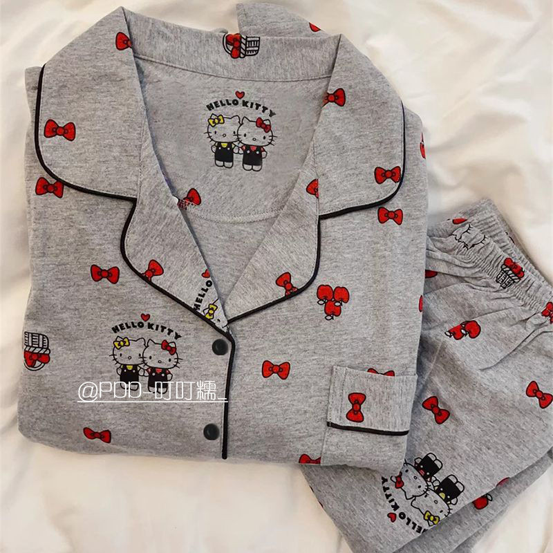 ญี่ปุ่น HelloKitty ชุดนอนปมผีเสื้อผู้หญิงใหม่การ์ตูนกางเกงแขนยาวนักเรียนเสื้อผ้าชุด