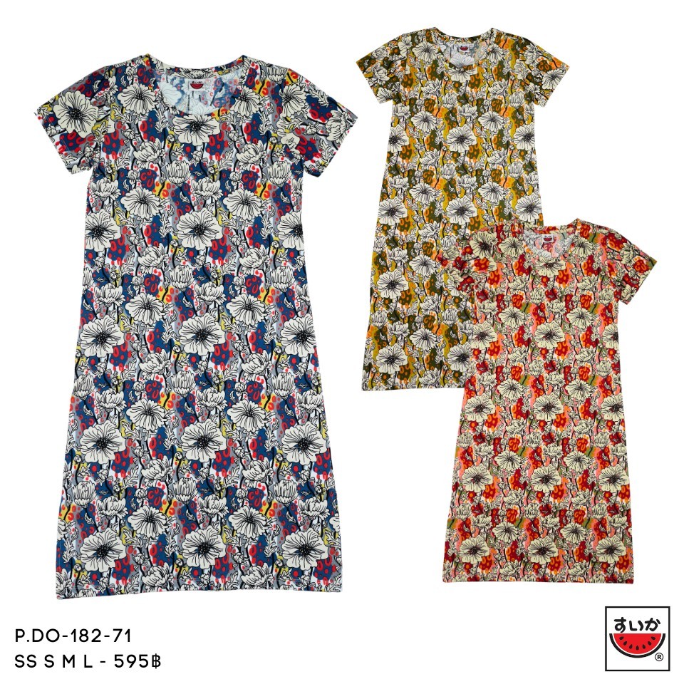 เสื้อแตงโม (SUIKA) - เสื้อแตงโม เดรสผ้ายืดคอกลม ลายดอกไม้  (P.DO-182)