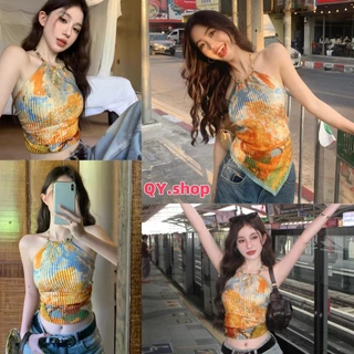 QY.Shop⭐️สินค้าราคาพิเศษ⭐️เสื้อคล้องไหมพรม ผูกมัดหลัง ใส่สบาย ดีเทลสายใส่ลูกปัด ลายสดใส "M1152"