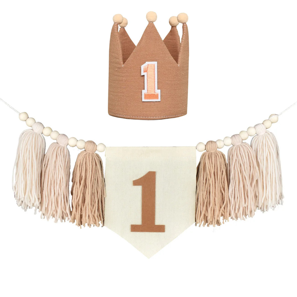 1pc INS เด็กแรก Boho วันเกิดช็อคโกแลตสีน้ําตาลลูกปัดไม้พู่ Highchair ธง 1st สาว Party Crown Boy Blue Garland