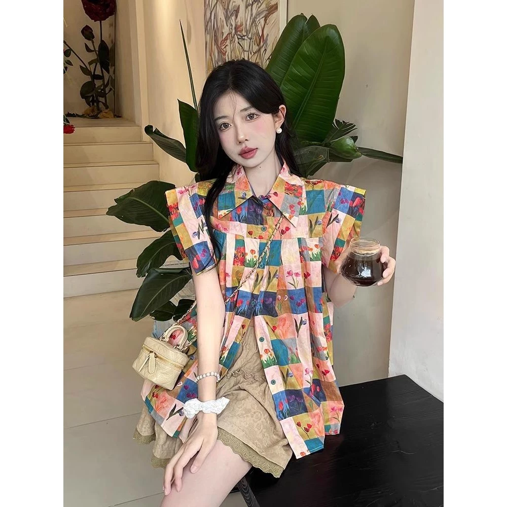 Chili Koko เสื้อเชิ้ตทรงหลวมแขนสั้นลายดอกไม้สไตล์ฝรั่งเศส w579 thumbnail 10