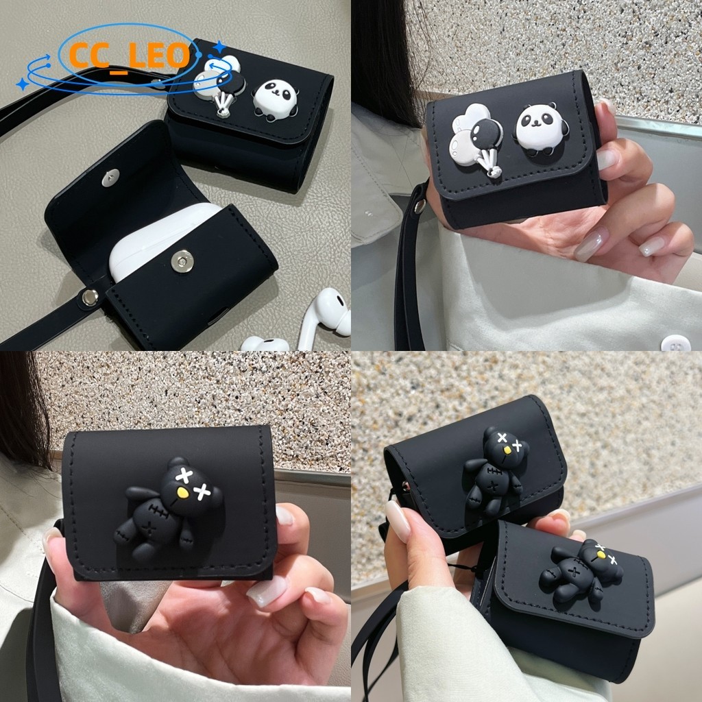 for EarFun Air2 NC Leather Soft Case EarFun Air Lite Protective Sleeve Cute Bear Panda Lanyard Penda